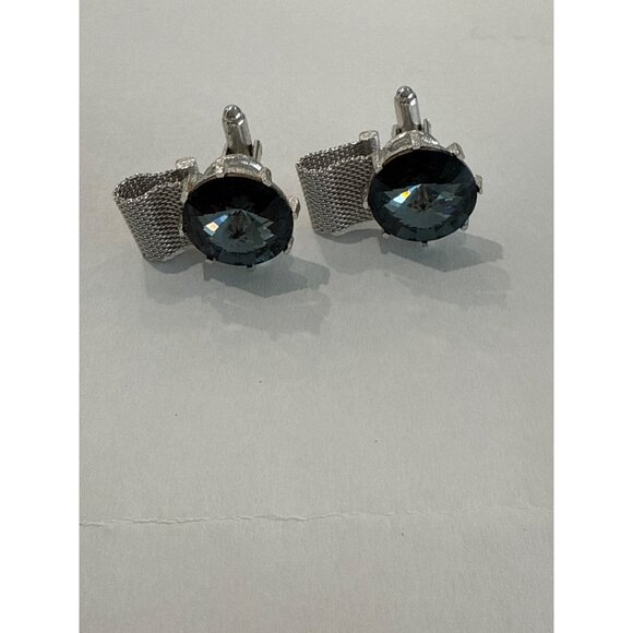 Vintage mesh cufflinks,  Blue Black Rivoli Glass stones 2 pair - Picture 4 of 7